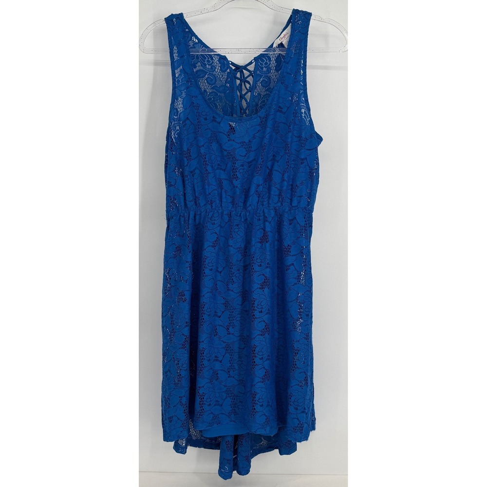 Candies Womens Royal Blue Floral Lace Overlay Dress Lace Up Back Sz L Sleeveless